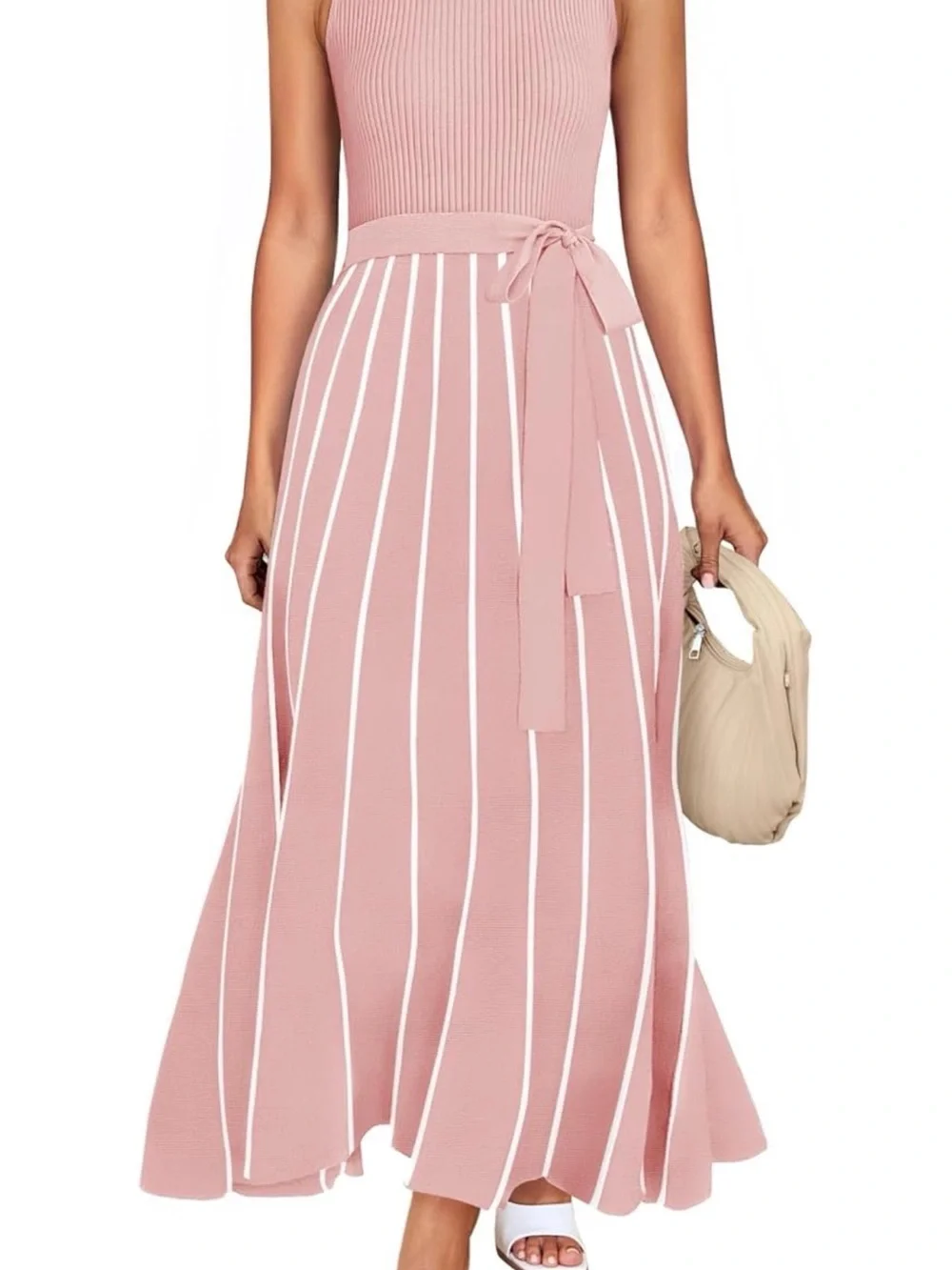 Sleeveless Pink Striped Knit Maxi Dress with Waist Tie - Picture 1 of 3